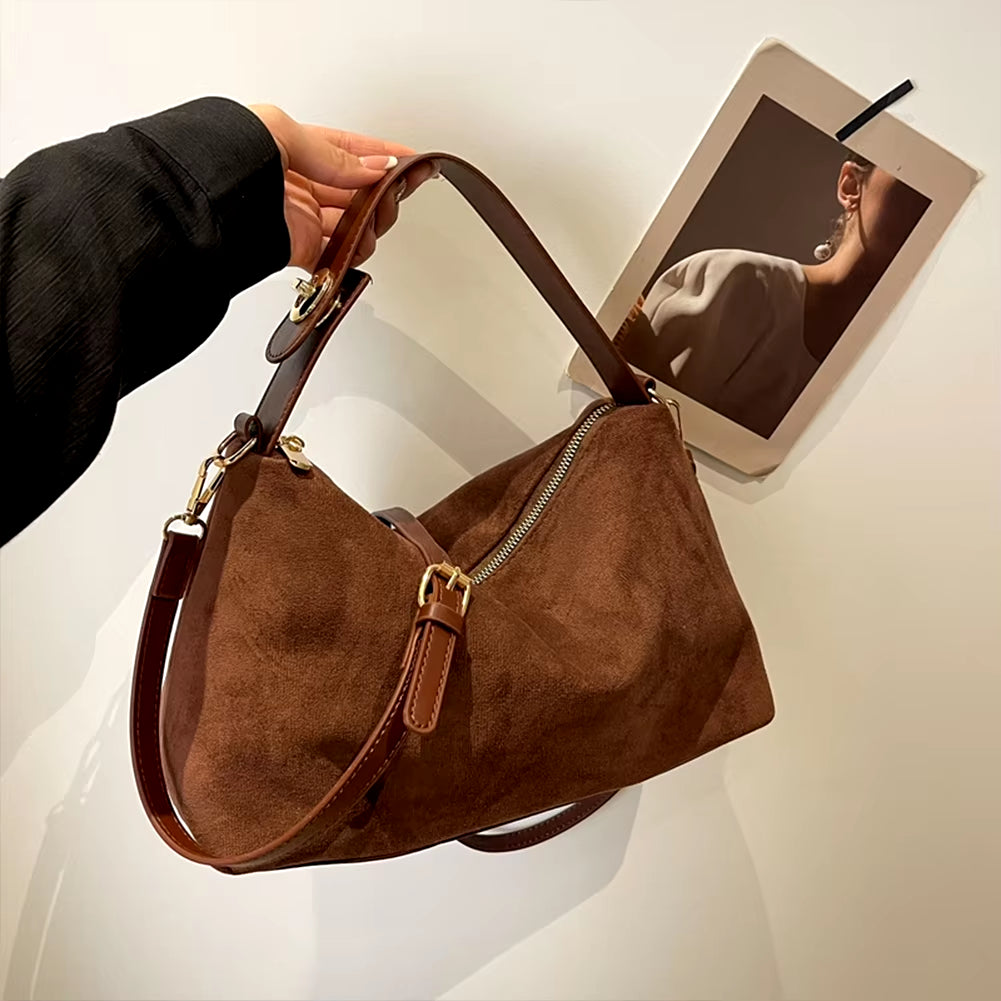 Women Suede Shoulder Bag with Inner Pocket Crossbody Bag Adjustable Strap Hobo Purse Zipper Hand Bags Casual Commuter Bag