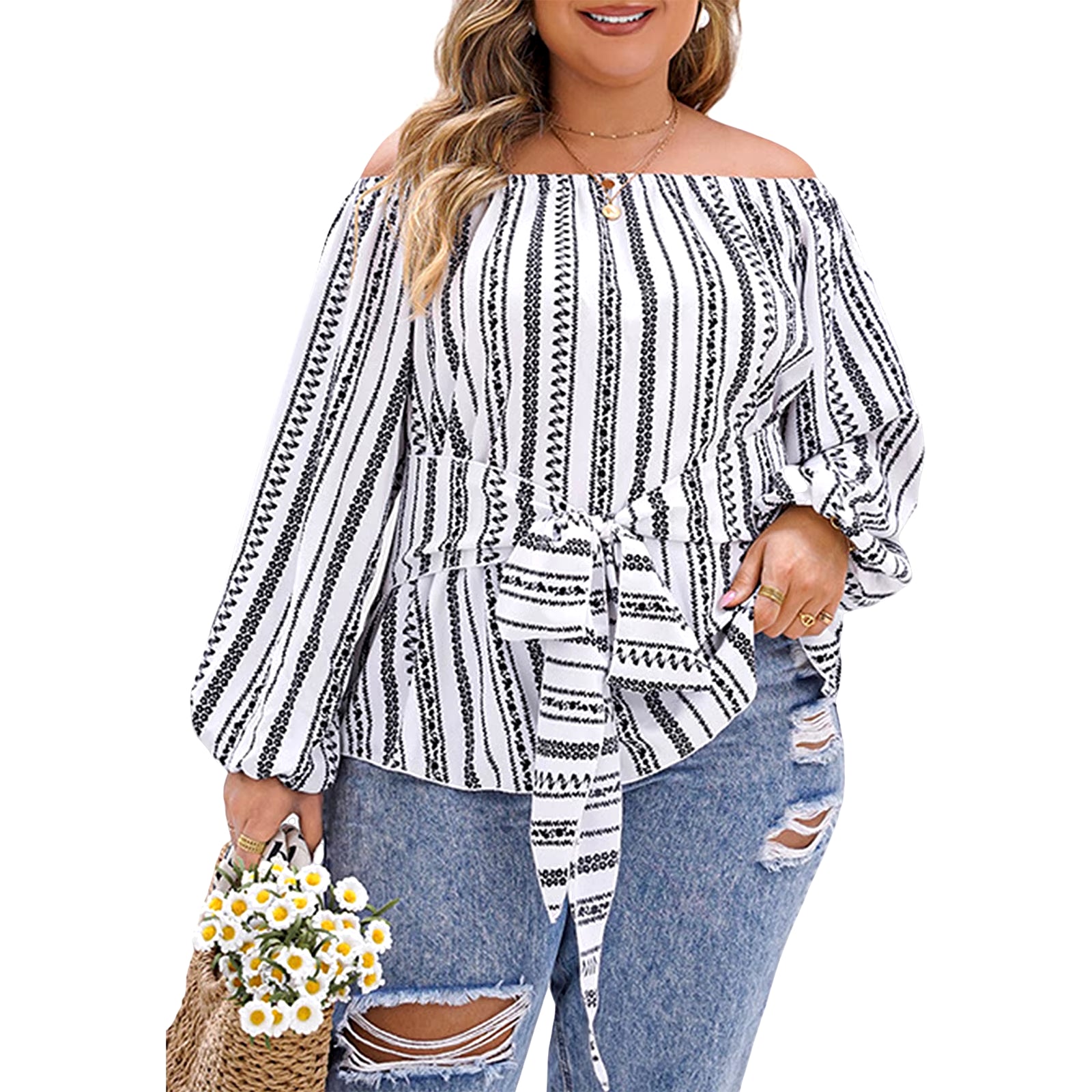 Women plus Size Shirts Floral Print Long Sleeve V-Neck Fashion Blouses Spring Fall Casual Ruffle Tops off Shoulder Trendy Style