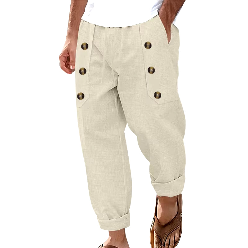 Men S Stylish Cargo Jogger Pants with Adjustable Drawstring Waistband and Decorative Buttons Featuring Multiple Pockets For