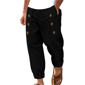 Men S Stylish Cargo Jogger Pants with Adjustable Drawstring Waistband and Decorative Buttons Featuring Multiple Pockets For